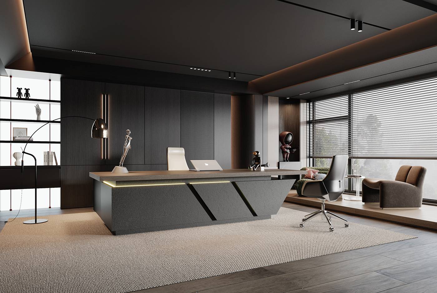 Stylish and high-end executive l-shaped desk, Multiple desk with drawers, sockets and USB ports