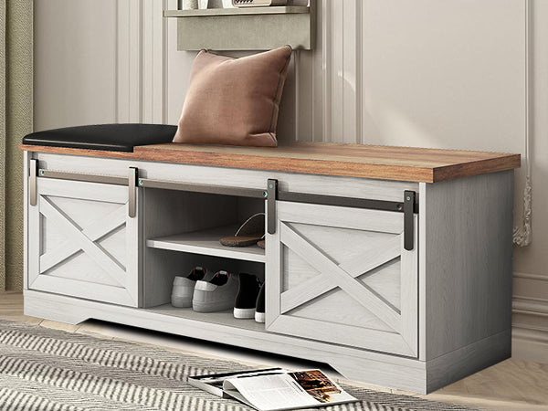 47" Farmhouse Shoes Bench Entryway with Double Sliding Barn Door-White - JOSE.M.ONNA FURNITURE