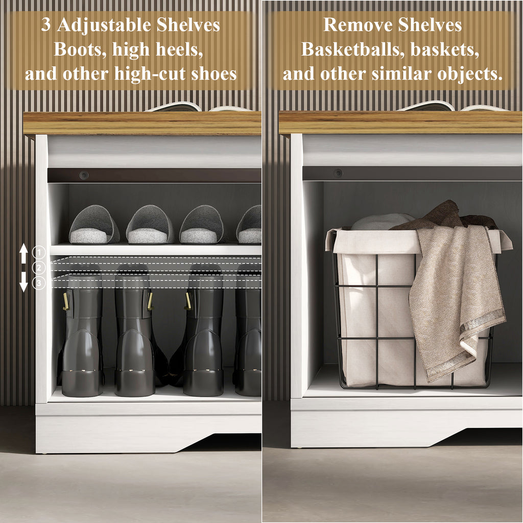 47" Farmhouse Shoes Bench Entryway with Double Sliding Barn Door-White - JOSE.M.ONNA FURNITURE