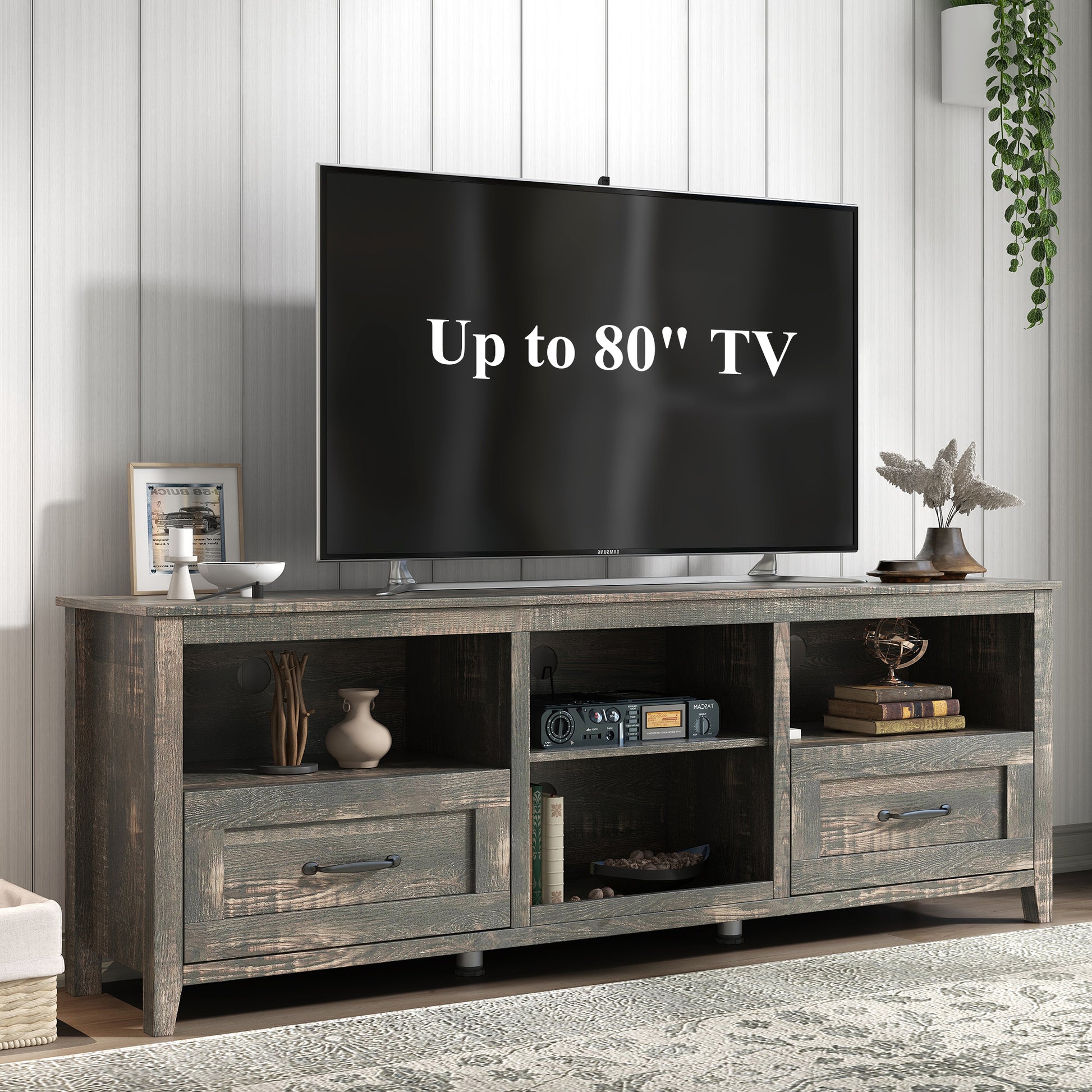 70 inch TV Stand Drawers,for TVs up to 80 inch ,Dark Rustic Oak,Farmhouse Style - JOSE.M.ONNA FURNITURE