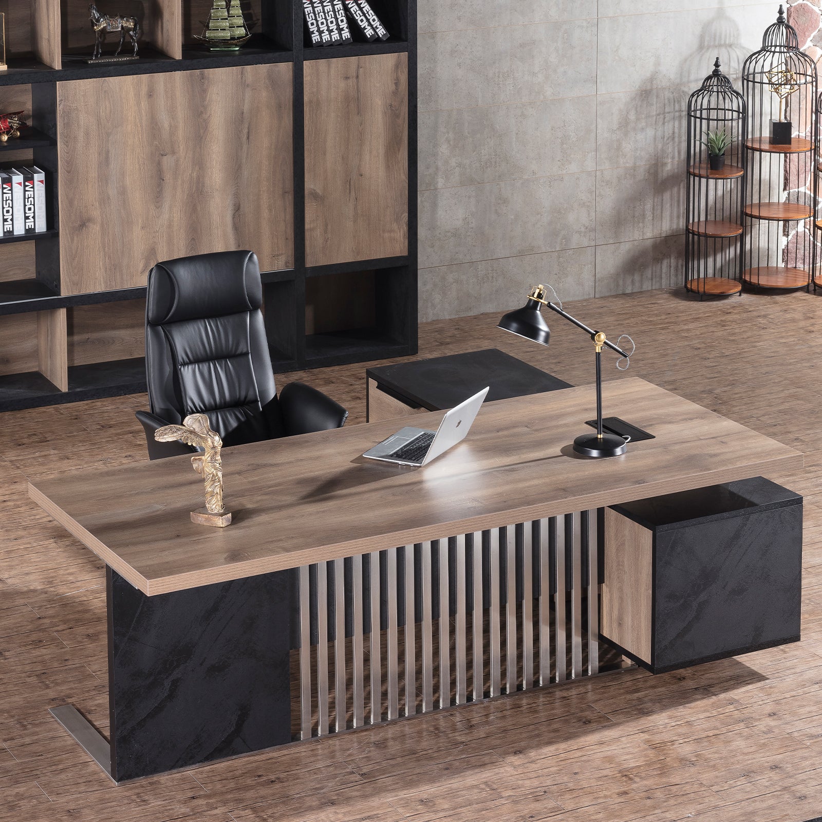 L Shaped Desk with Cabinet Storage, Executive Office Desk with Universal Charging Ports, Large Business Furniture Desk Workstation for Home Office with Cord Management, Mahogany - JOSE.M.ONNA FURNITURE