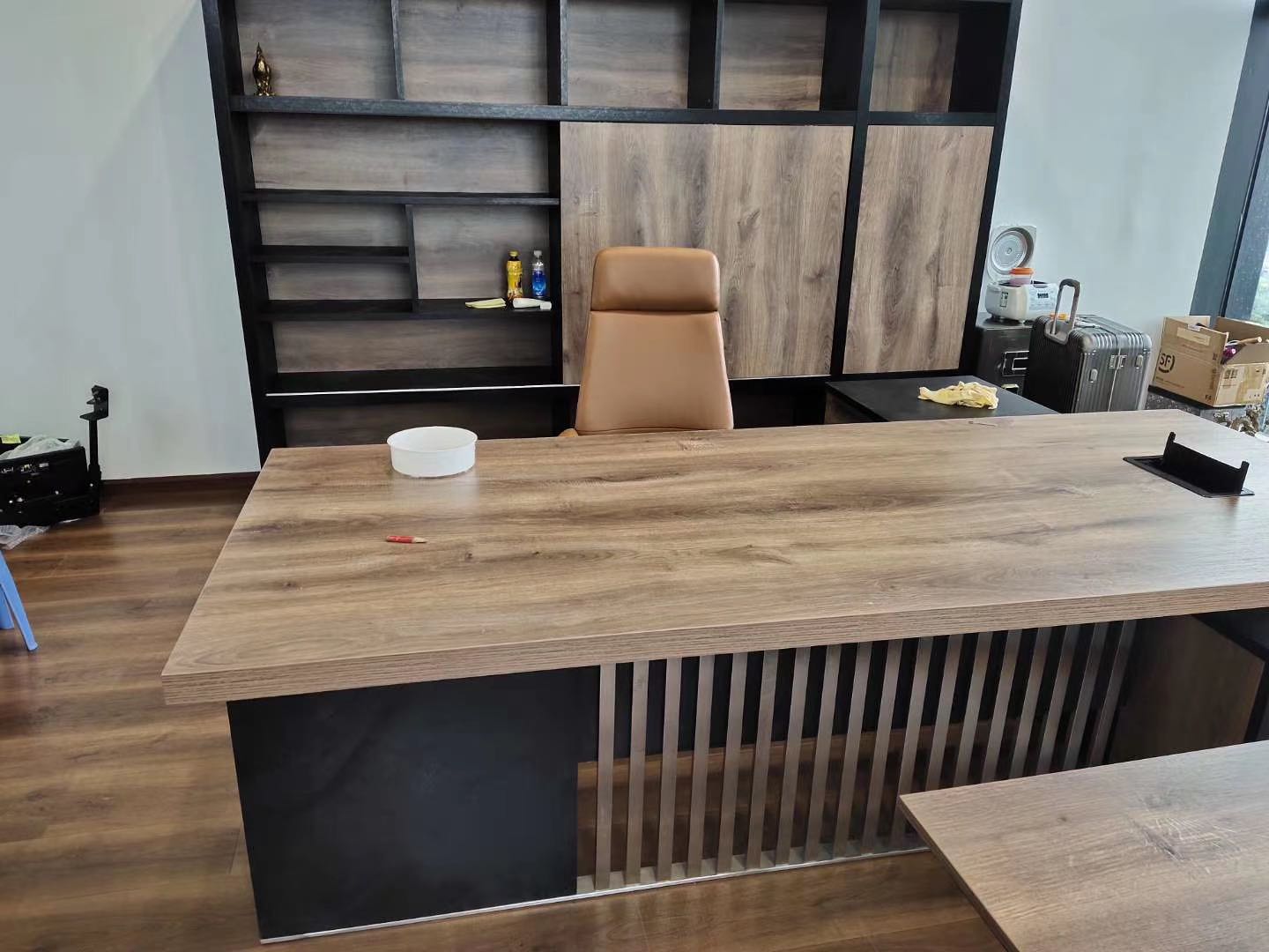 L Shaped Desk with Cabinet Storage, Executive Office Desk with Universal Charging Ports, Large Business Furniture Desk Workstation for Home Office with Cord Management, Mahogany - JOSE.M.ONNA FURNITURE