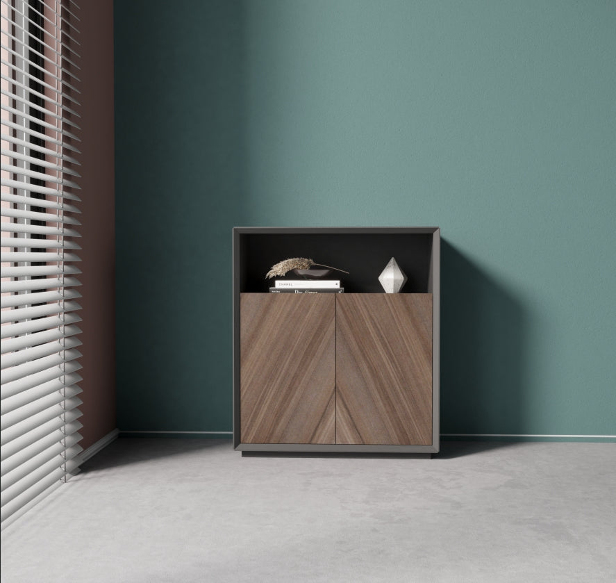 Minimalist low bookcase with Doors, Modern Design Bookshelf, Practical Storage and Decor - JOSE.M.ONNA FURNITURE