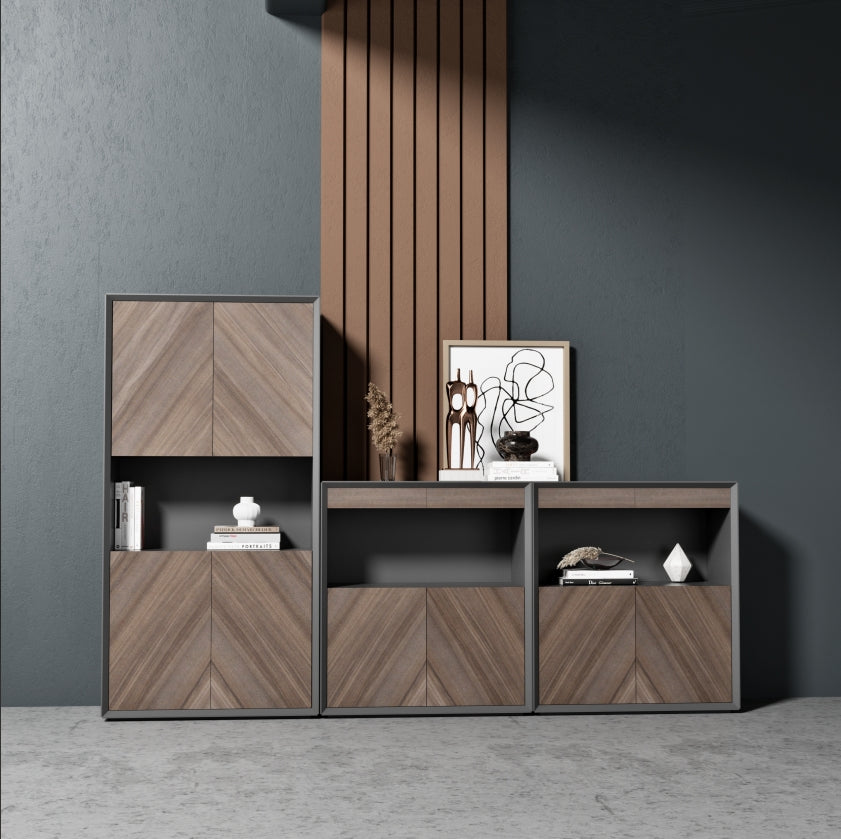 Minimalist low bookcase with Doors, Modern Design Bookshelf, Practical Storage and Decor - JOSE.M.ONNA FURNITURE