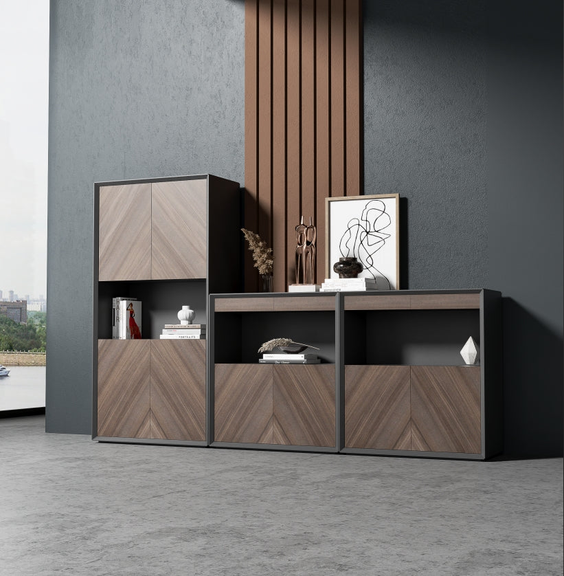 Minimalist low bookcase with Doors, Modern Design Bookshelf, Practical Storage and Decor - JOSE.M.ONNA FURNITURE