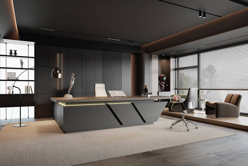Stylish and high-end executive l-shaped desk, Multiple desk with drawers, sockets and USB ports