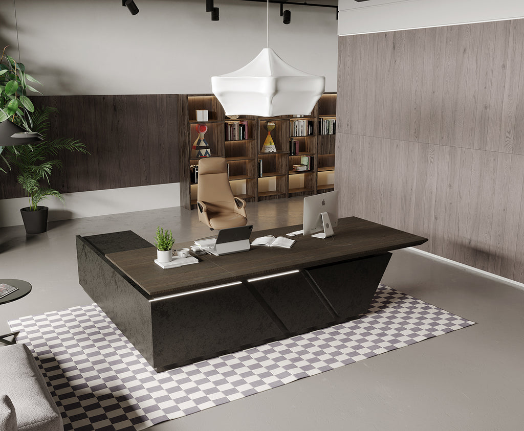 Stylish and high-end executive l-shaped desk, Multiple desk with drawers, sockets and USB ports