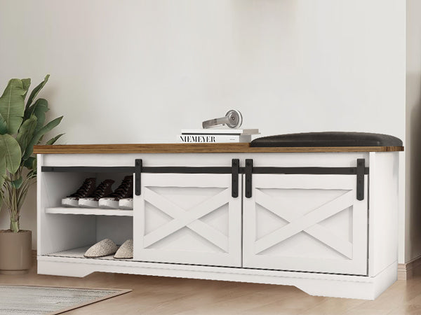 47" Farmhouse Shoes Bench Entryway with Double Sliding Barn Door-White - JOSE.M.ONNA FURNITURE
