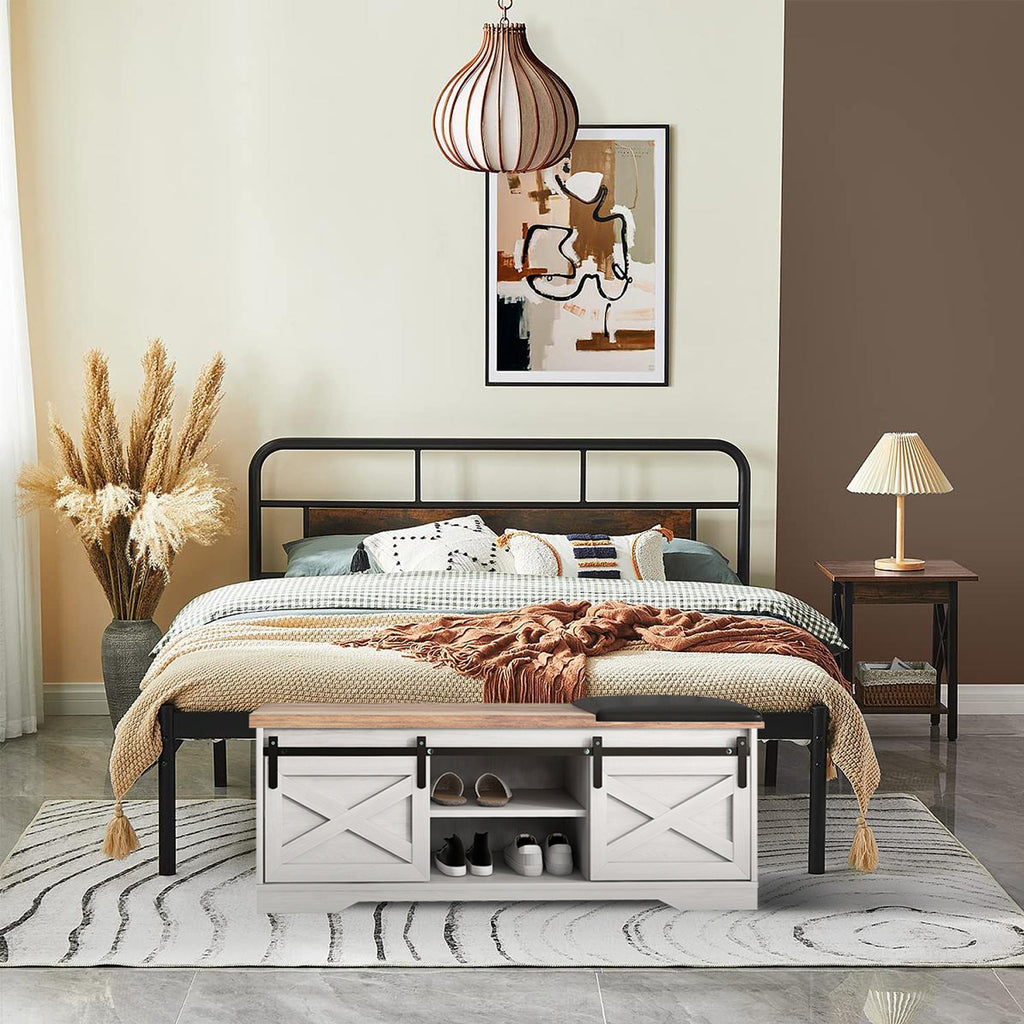47" Farmhouse Shoes Bench Entryway with Double Sliding Barn Door-White - JOSE.M.ONNA FURNITURE