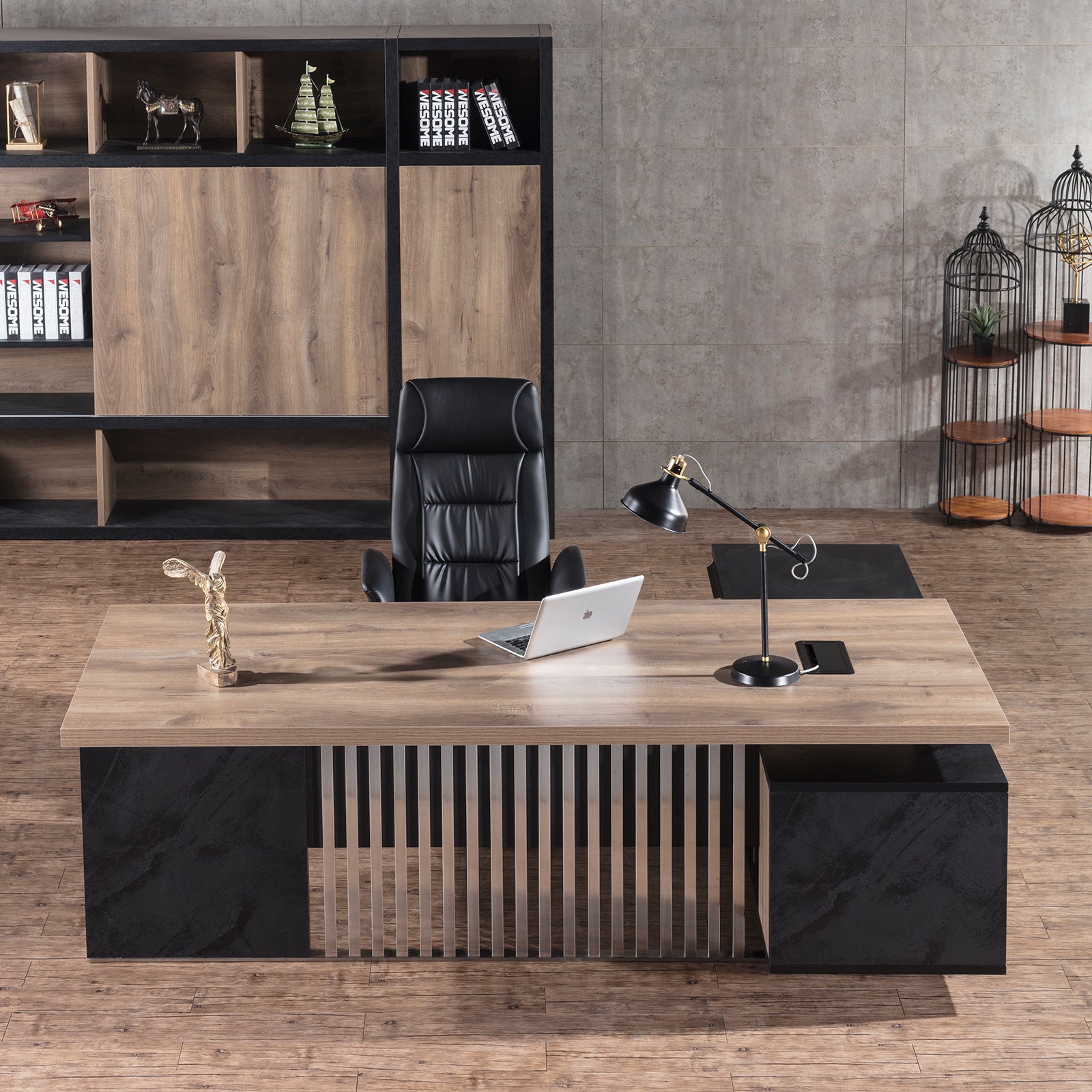 L Shaped Desk with Cabinet Storage, Executive Office Desk with Universal Charging Ports, Large Business Furniture Desk Workstation for Home Office with Cord Management, Mahogany - JOSE.M.ONNA FURNITURE