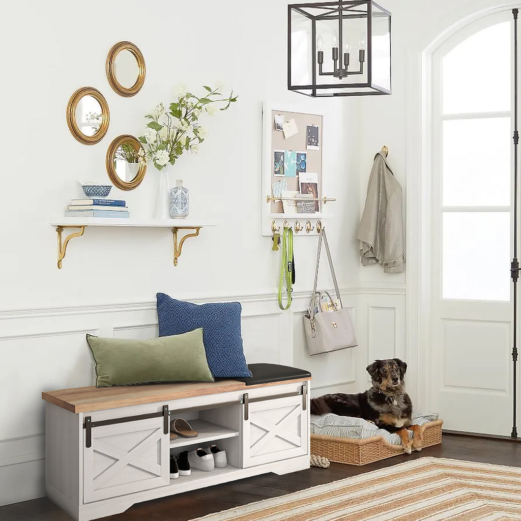 47" Farmhouse Shoes Bench Entryway with Double Sliding Barn Door-White - JOSE.M.ONNA FURNITURE