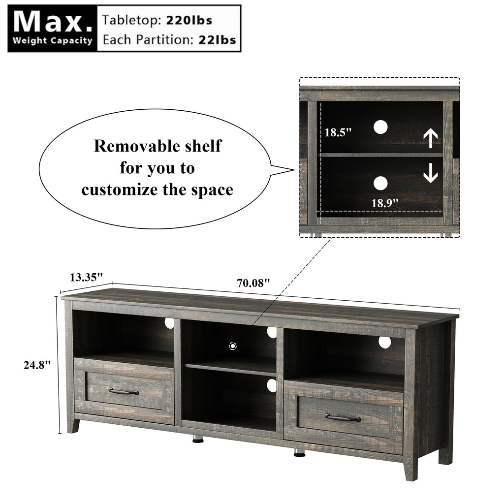 70 inch TV Stand Drawers,for TVs up to 80 inch ,Dark Rustic Oak,Farmhouse Style - JOSE.M.ONNA FURNITURE