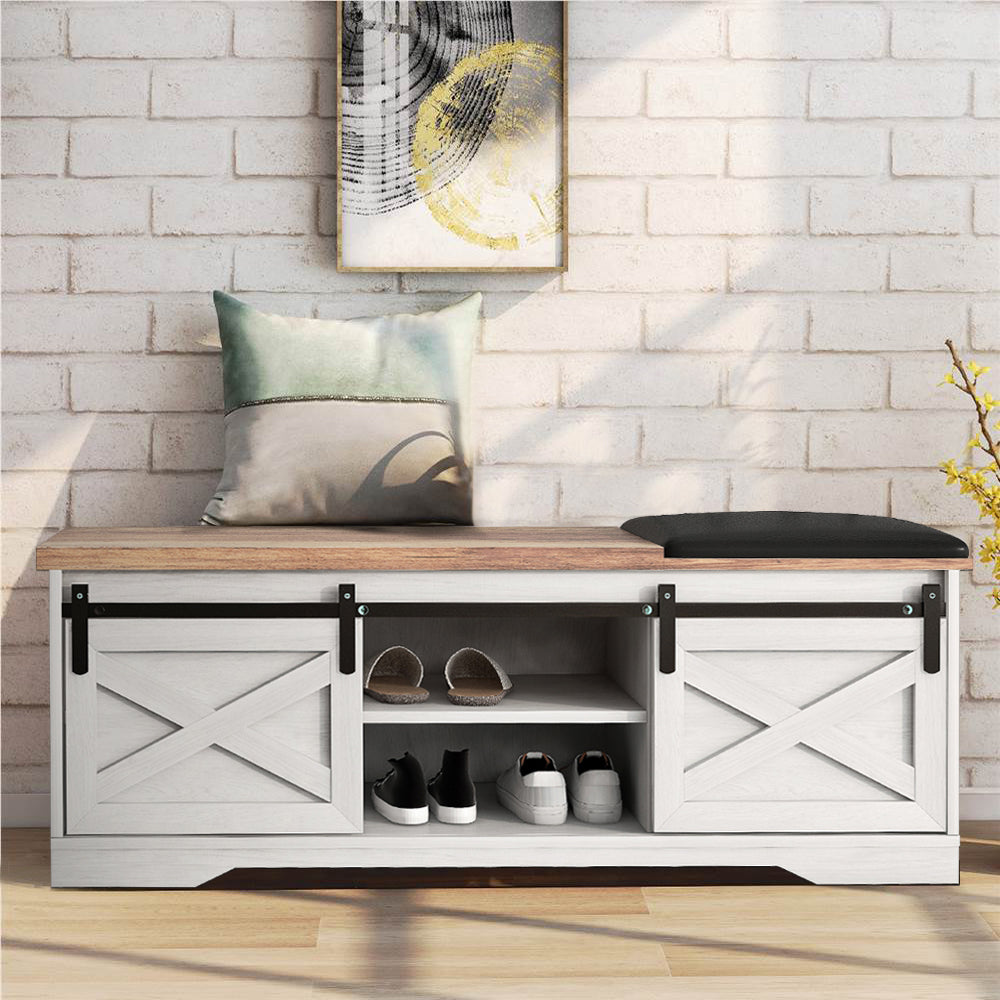 47" Farmhouse Shoes Bench Entryway with Double Sliding Barn Door-White - JOSE.M.ONNA FURNITURE