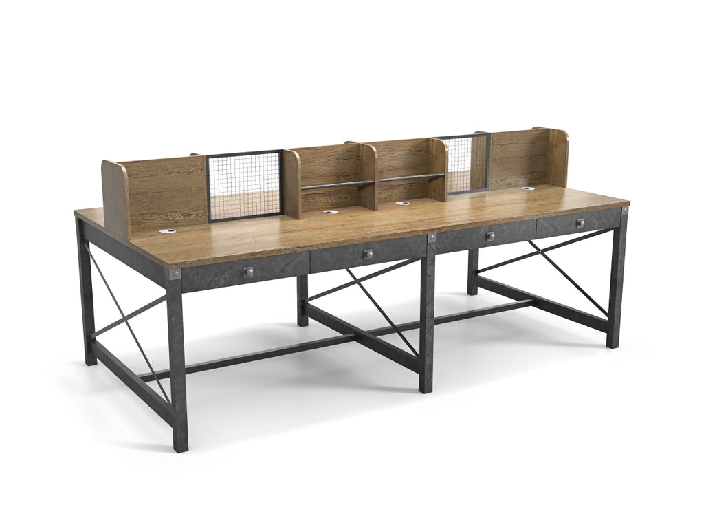 Tobacco Wood Office Desk, 4 Person Workstation Desk, Retro Industrial Style - JOSE.M.ONNA FURNITURE