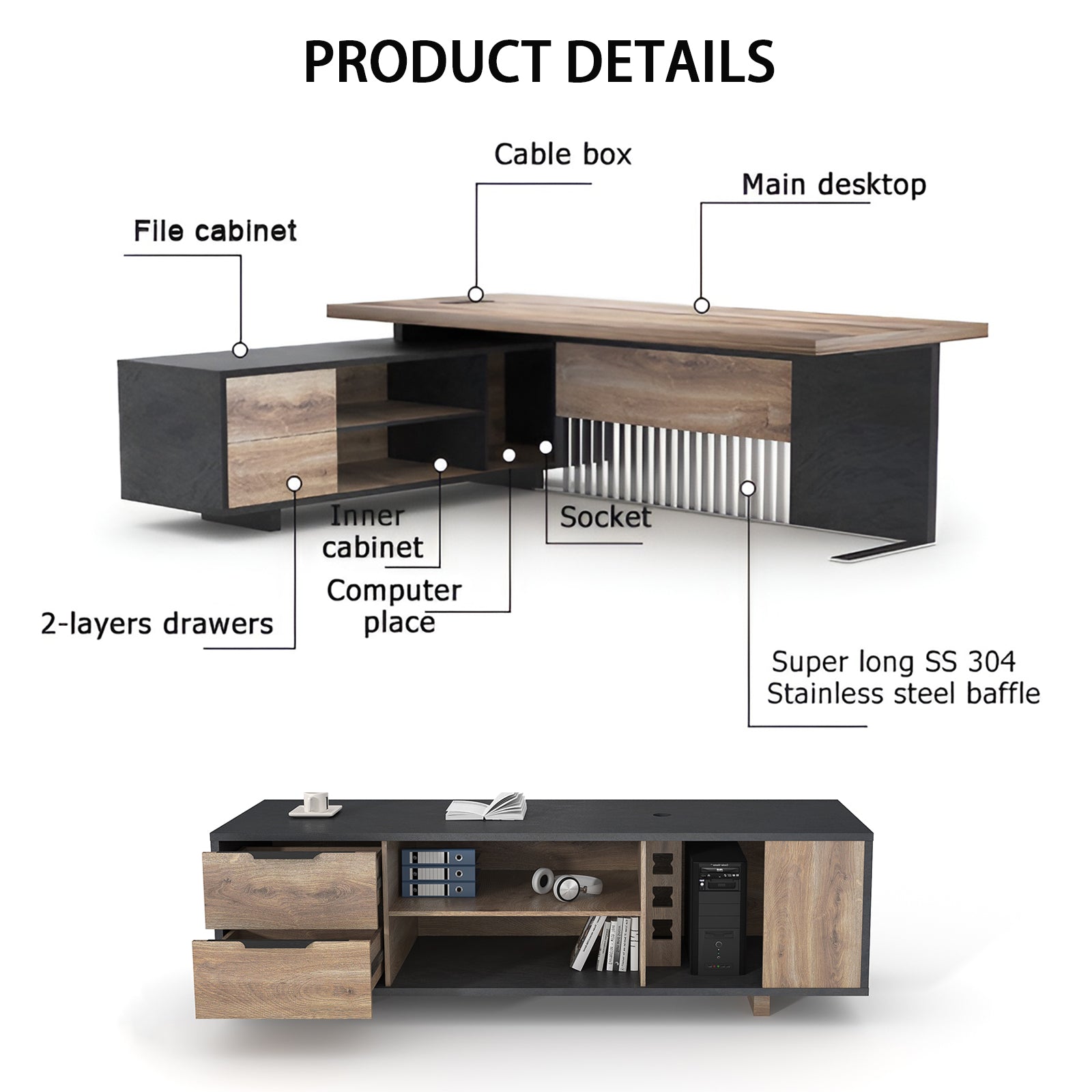 L Shaped Desk with Cabinet Storage, Executive Office Desk with Universal Charging Ports, Large Business Furniture Desk Workstation for Home Office with Cord Management, Mahogany - JOSE.M.ONNA FURNITURE