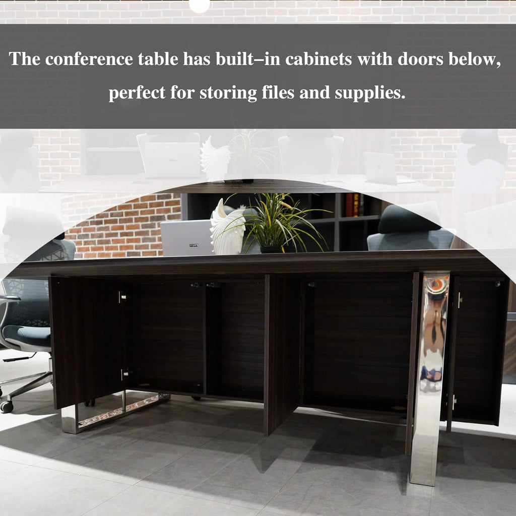 SAINTCY 94.5" Office Conference Table with Stainless Steel Base, 8FT Commercial Office Desk with Cabinet, Seminar Boardroom Table Workstation for Office Conference, Meeting Room for 6-8 Users