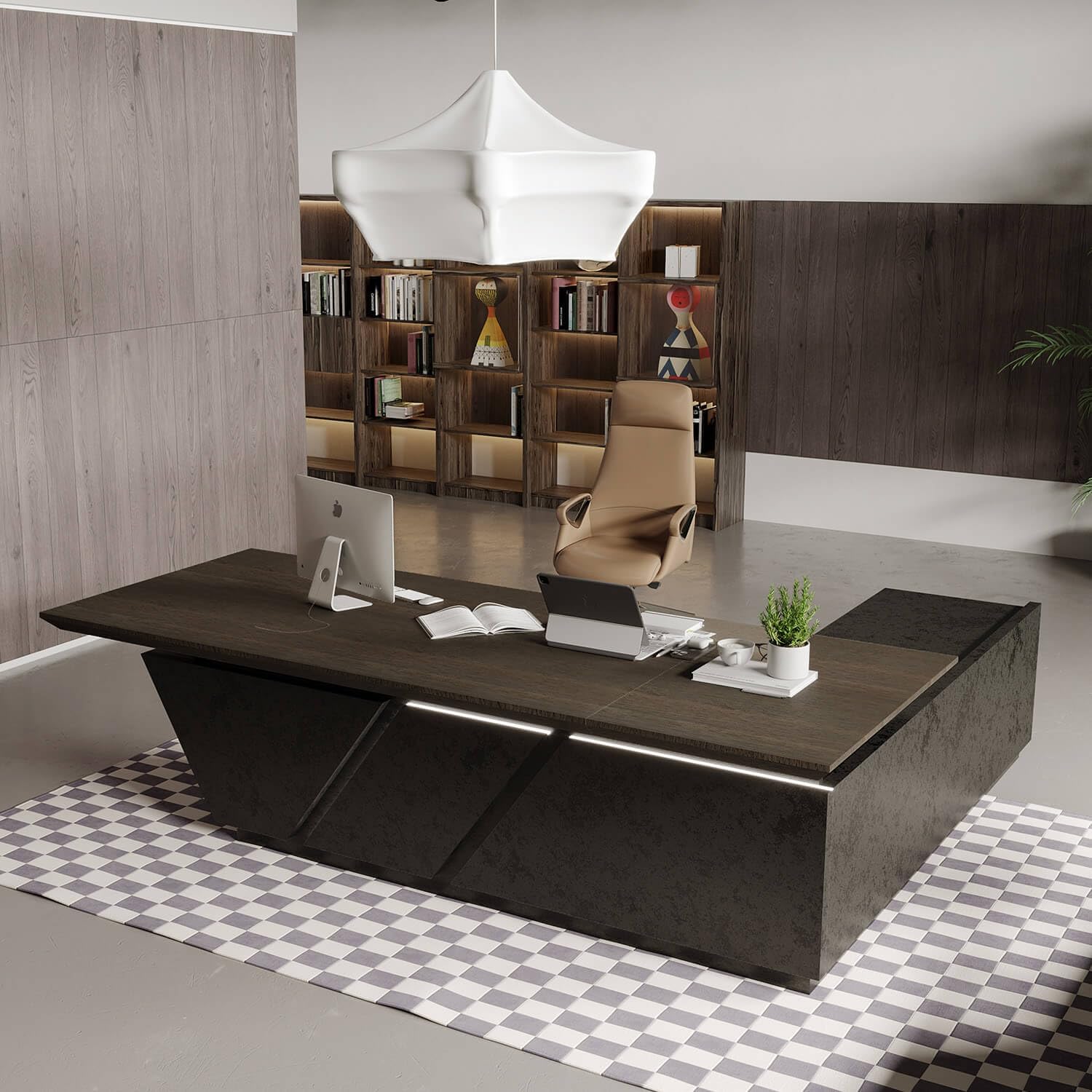 Stylish and high-end executive l-shaped desk, Multiple desk with drawers, sockets and USB ports