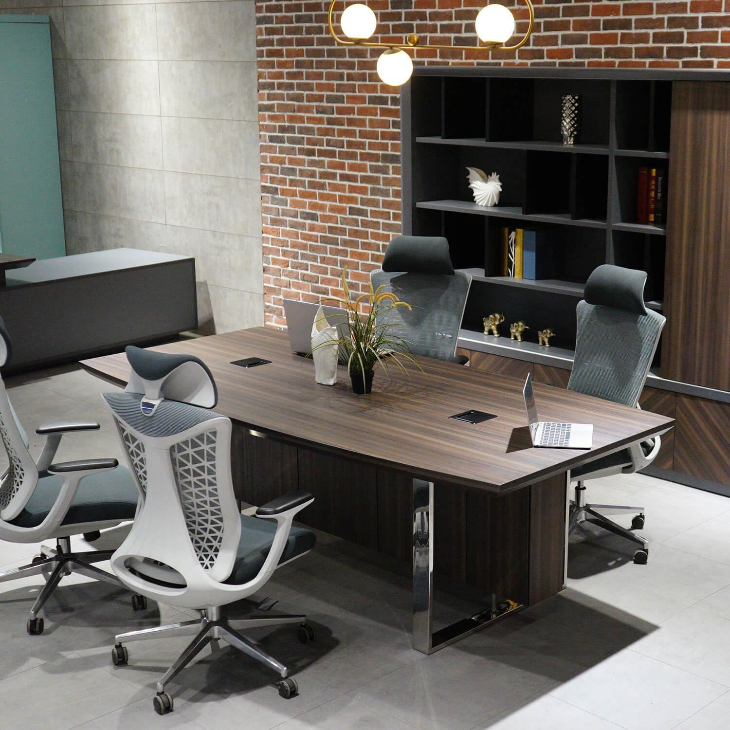 SAINTCY 94.5" Office Conference Table with Stainless Steel Base, 8FT Commercial Office Desk with Cabinet, Seminar Boardroom Table Workstation for Office Conference, Meeting Room for 6-8 Users