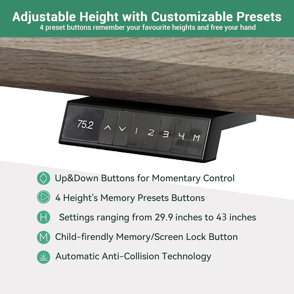 Premium Adjustable Height L-Shaped Executive Desk in Black/Brown Oak with Universal Charging Ports, Drawer & Cabinet Storage, Swivel Capability, and Cord Management