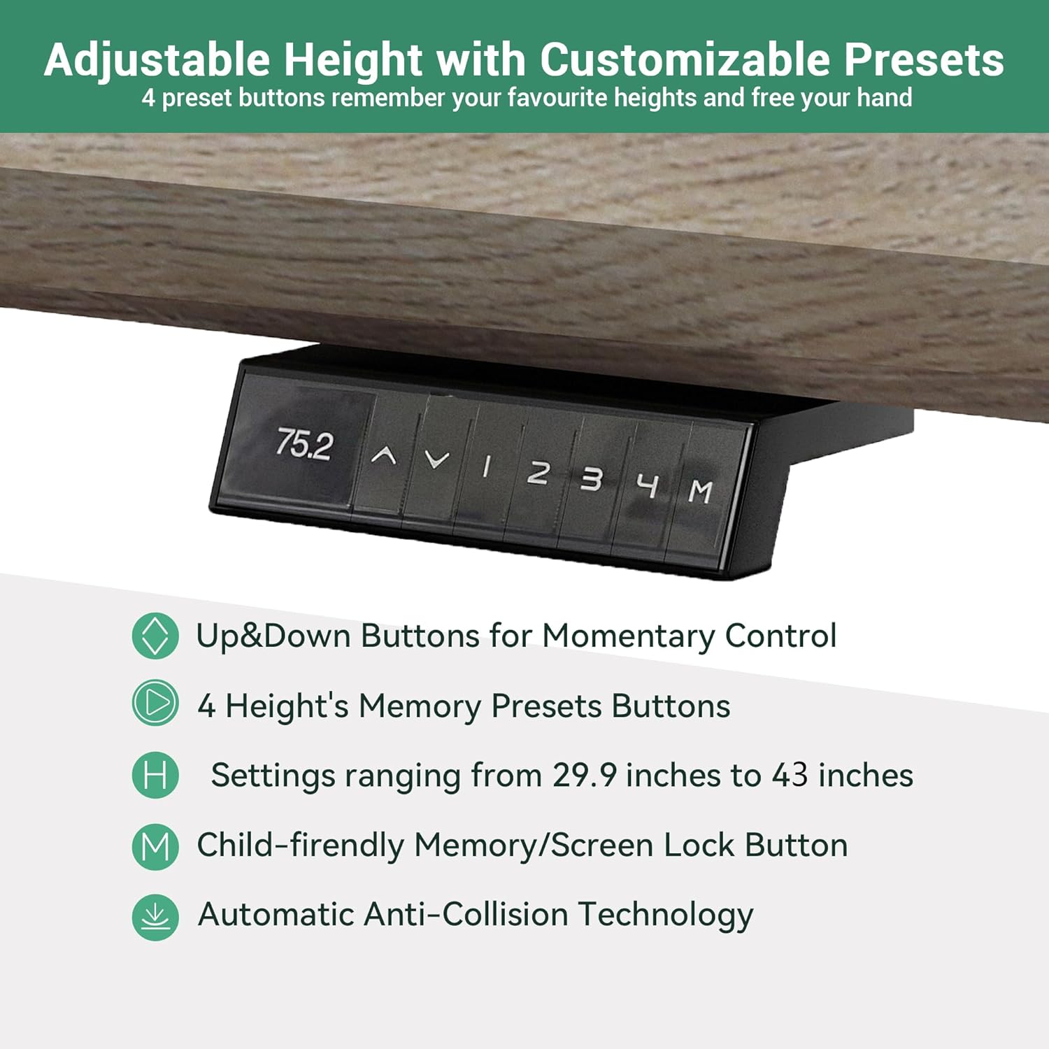 Premium Adjustable Height L-Shaped Executive Desk in Black/Brown Oak with Universal Charging Ports, Drawer & Cabinet Storage, Swivel Capability, and Cord Management