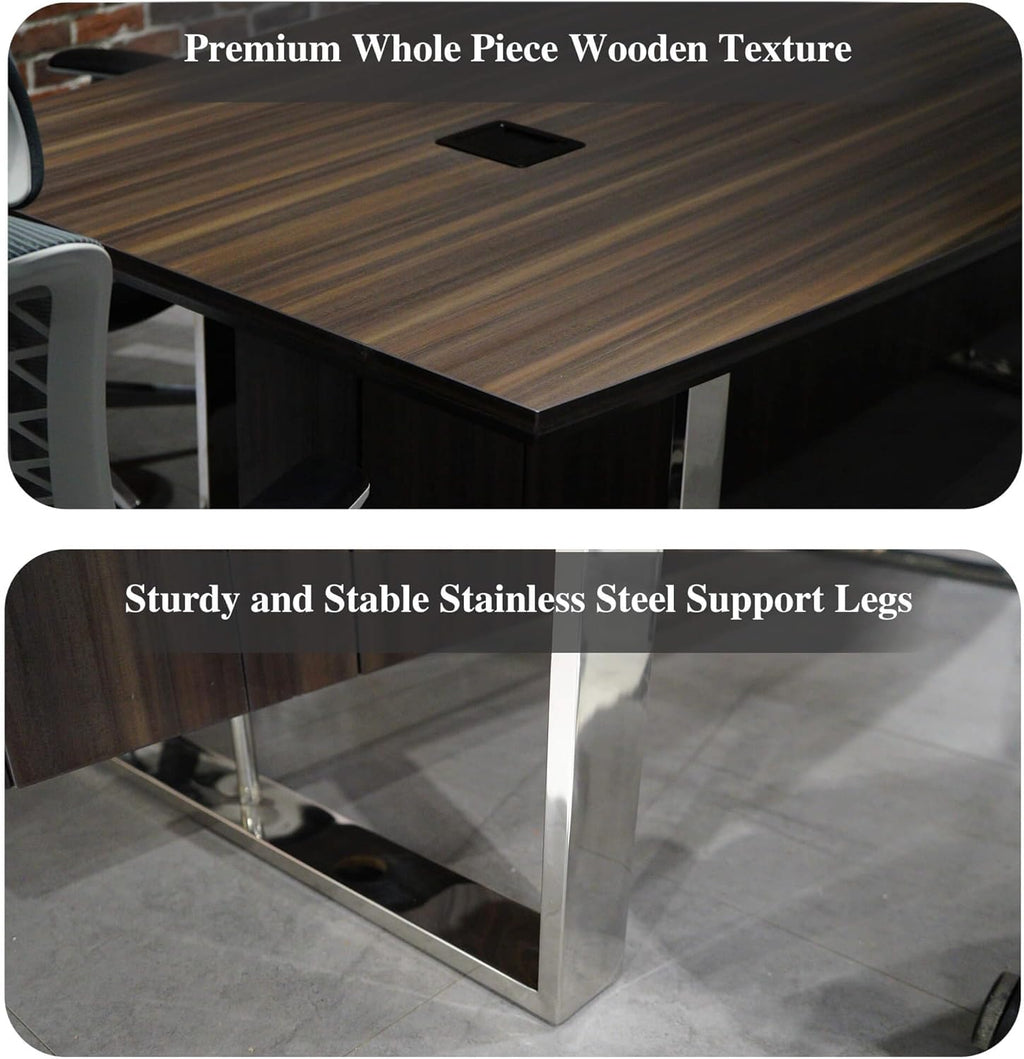 SAINTCY 94.5" Office Conference Table with Stainless Steel Base, 8FT Commercial Office Desk with Cabinet, Seminar Boardroom Table Workstation for Office Conference, Meeting Room for 6-8 Users