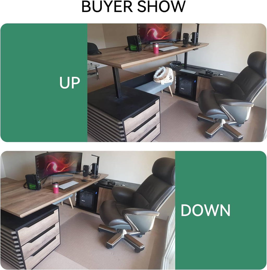 Premium Adjustable Height L-Shaped Executive Desk in Black/Brown Oak with Universal Charging Ports, Drawer & Cabinet Storage, Swivel Capability, and Cord Management