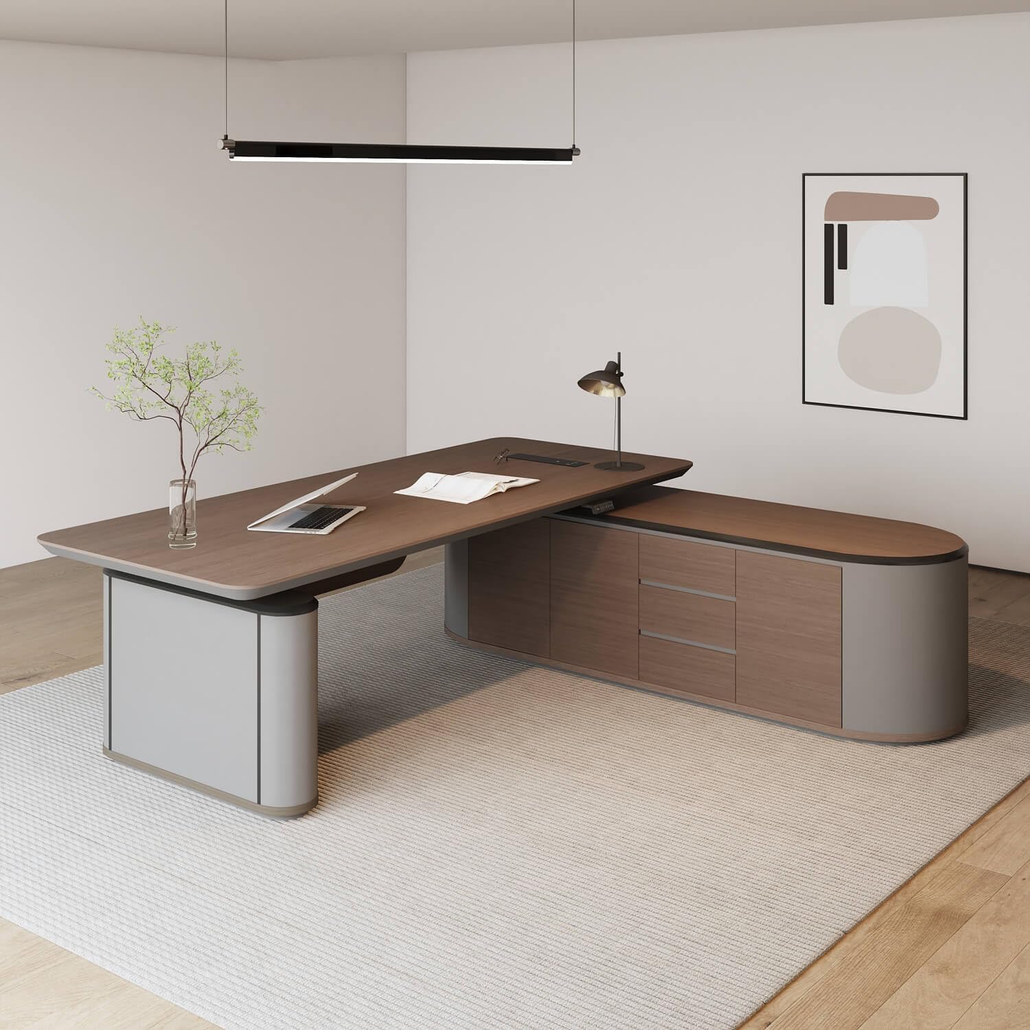 L Shaped Executive Desk, Multiple desk with drawers, sockets and USB ports