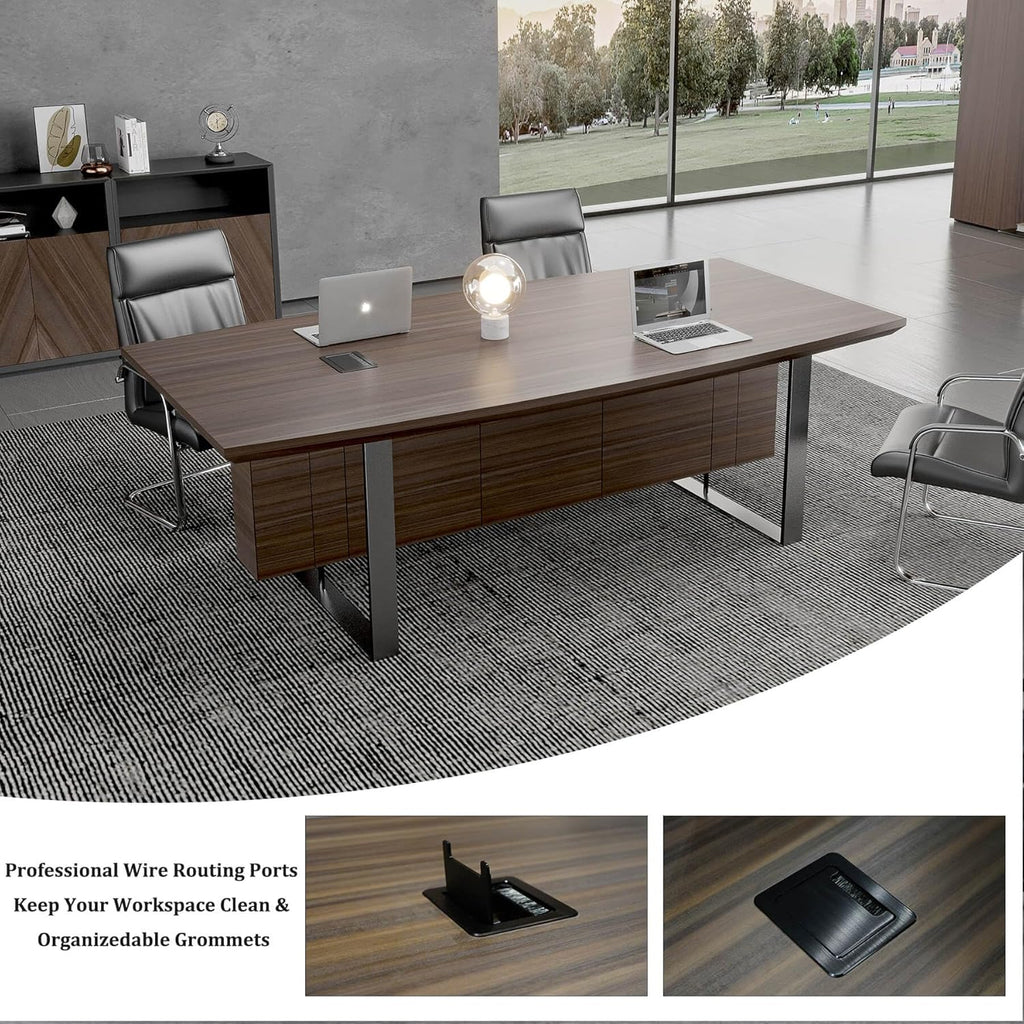 SAINTCY 94.5" Office Conference Table with Stainless Steel Base, 8FT Commercial Office Desk with Cabinet, Seminar Boardroom Table Workstation for Office Conference, Meeting Room for 6-8 Users