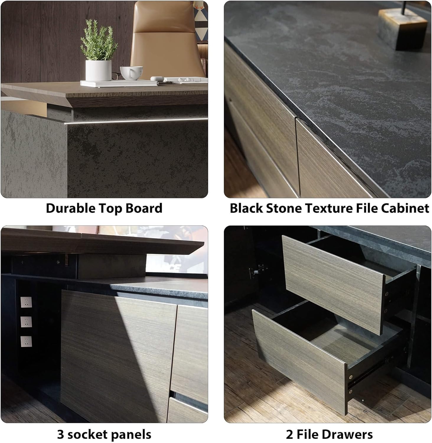 Stylish and high-end executive l-shaped desk, Multiple desk with drawers, sockets and USB ports