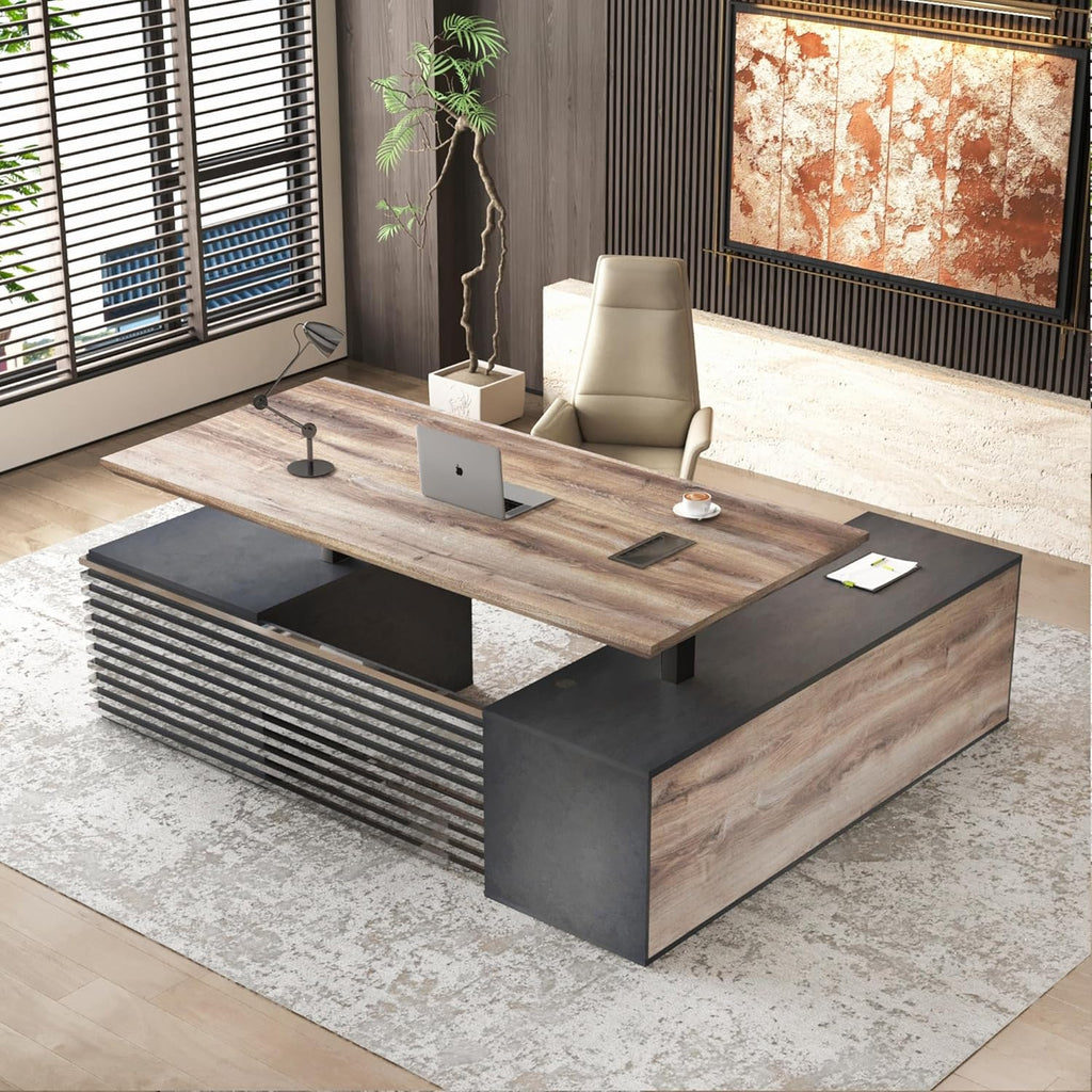 Premium Adjustable Height L-Shaped Executive Desk in Black/Brown Oak with Universal Charging Ports, Drawer & Cabinet Storage, Swivel Capability, and Cord Management