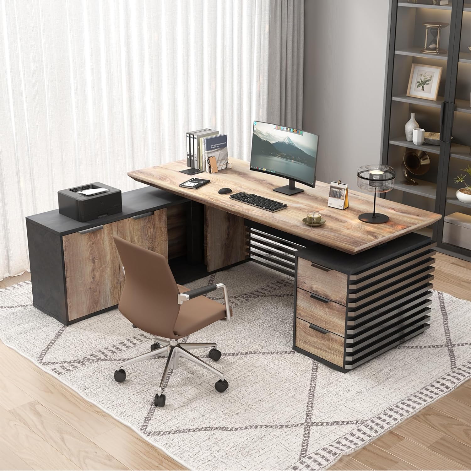 Premium Adjustable Height L-Shaped Executive Desk in Black/Brown Oak with Universal Charging Ports, Drawer & Cabinet Storage, Swivel Capability, and Cord Management