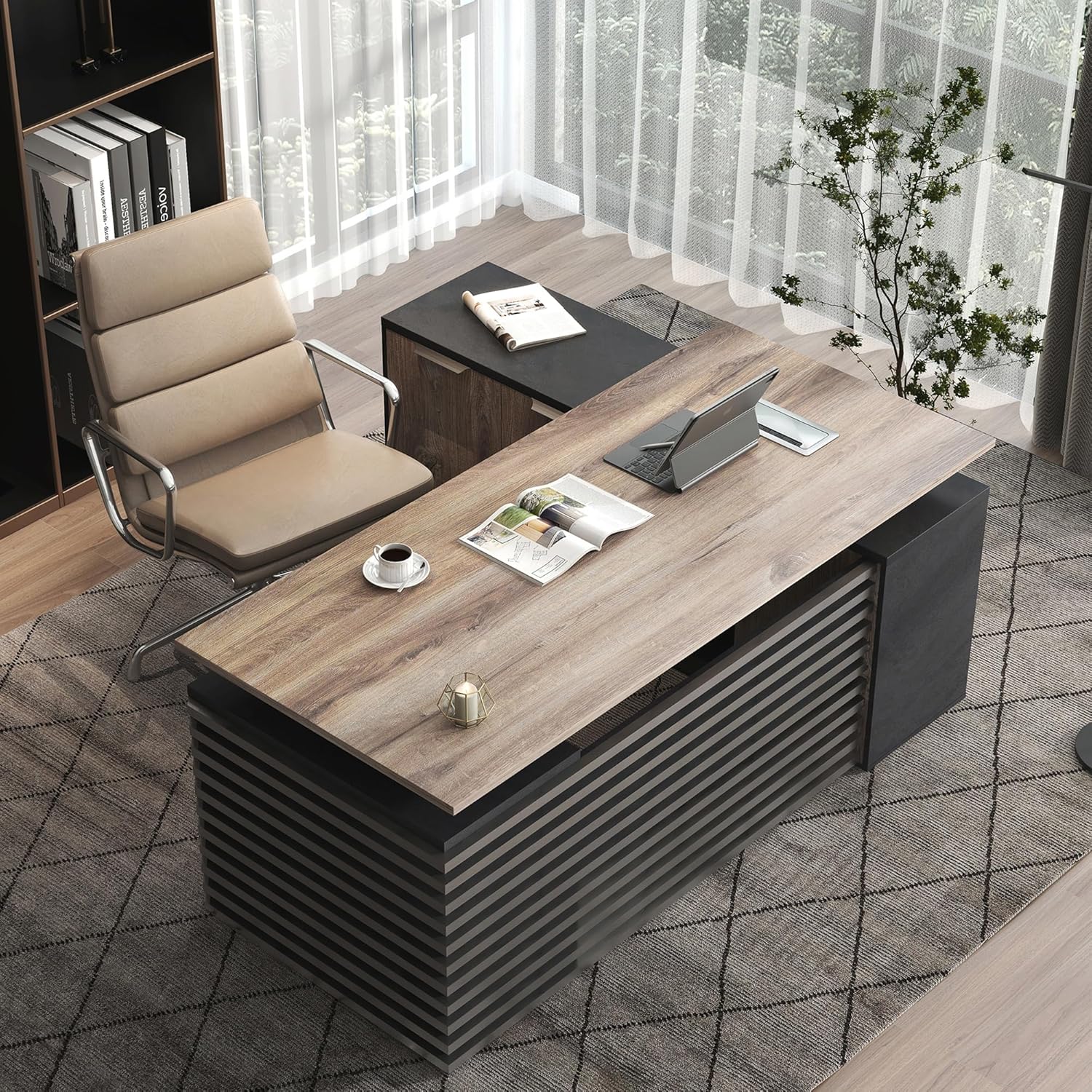 Premium Adjustable Height L-Shaped Executive Desk in Black/Brown Oak with Universal Charging Ports, Drawer & Cabinet Storage, Swivel Capability, and Cord Management