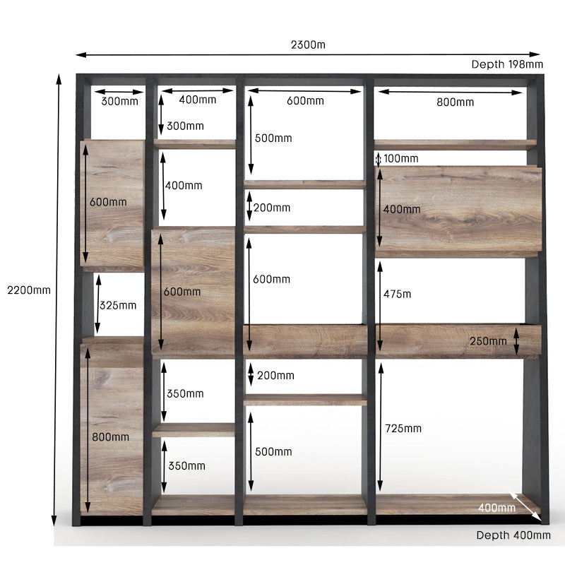 Office Bookcase,Display Unit 230cm - Warm Oak & Black - TRIBECA - JOSE.M.ONNA FURNITURE
