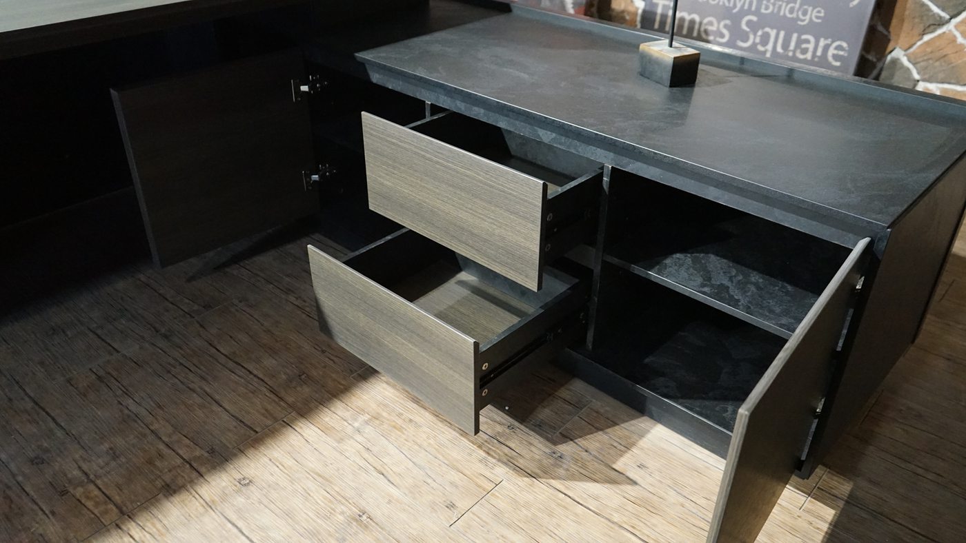 Stylish and high-end executive l-shaped desk, Multiple desk with drawers, sockets and USB ports
