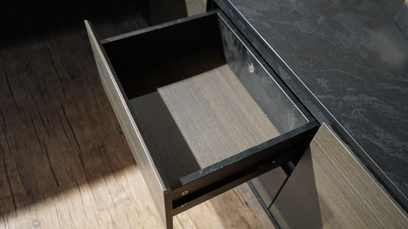 Stylish and high-end executive l-shaped desk, Multiple desk with drawers, sockets and USB ports