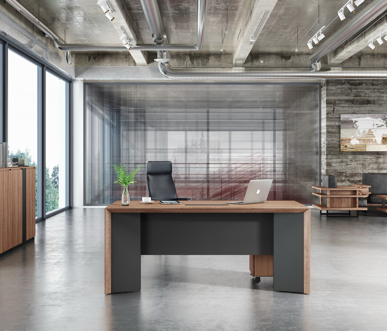 L Shape Executive Desk Wood color, Modern Executive Office Desk, Movable cabinet included - JOSE.M.ONNA FURNITURE