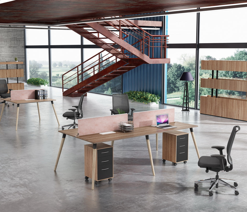 Staff Table Wood - Grain Finish Four - Seat Workstation Office Cubicles Office Desk with Mobile Cabinets - JOSE.M.ONNA FURNITURE
