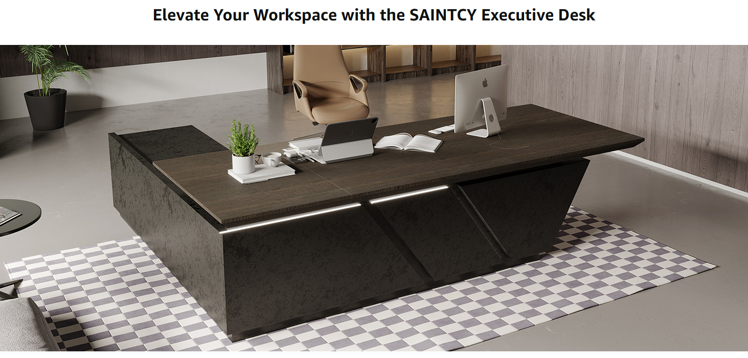 Stylish and high-end executive l-shaped desk, Multiple desk with drawers, sockets and USB ports