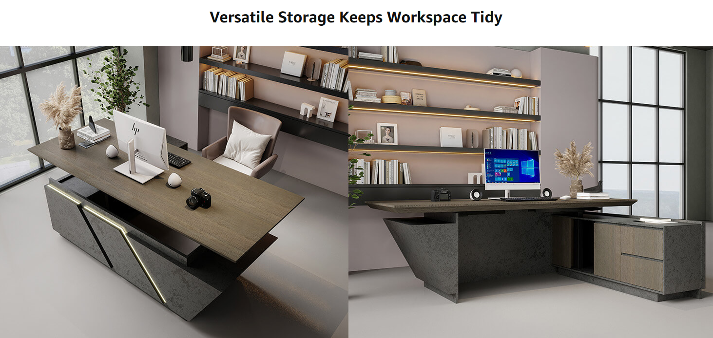 Stylish and high-end executive l-shaped desk, Multiple desk with drawers, sockets and USB ports
