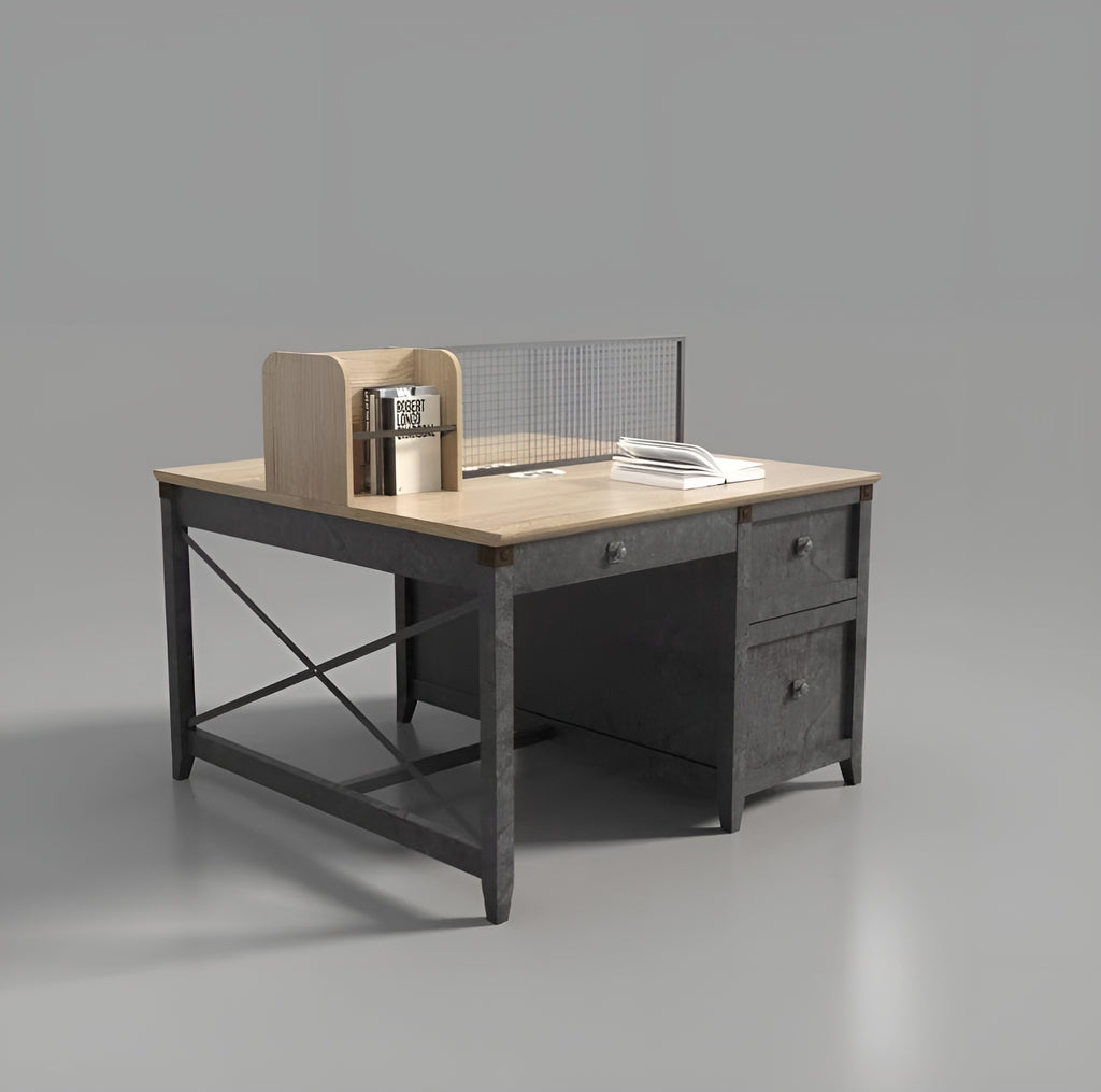 Tobacco Wood 2-person Workstation Desk with 3 drawers, retro trend style combining fashion and industry - JOSE.M.ONNA FURNITURE
