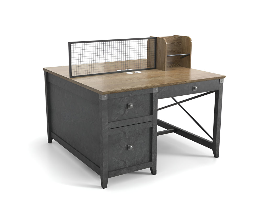 Tobacco Wood 2-person Workstation Desk with 3 drawers, retro trend style combining fashion and industry - JOSE.M.ONNA FURNITURE