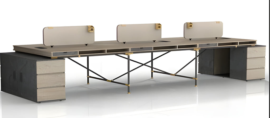 Tobacco Wood Six-person Workstation Desk, 2 removable storage cabinets, stylish and durable Office Desk - JOSE.M.ONNA FURNITURE