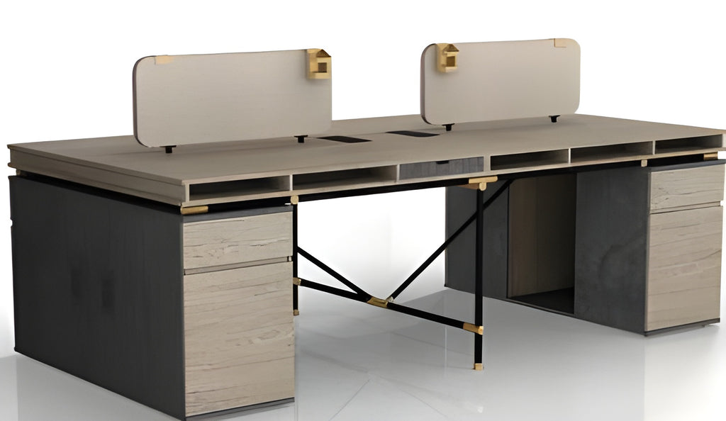 Tobacco Wood 4-person Workstation Desk with 4 Mobile Lockers, Stylish and Simple Office Desk - JOSE.M.ONNA FURNITURE