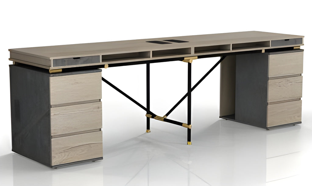 Tobacco Wood 2-person Workstation Desk with 2 removable storage cabinets, a sturdy and durable Office Desk - JOSE.M.ONNA FURNITURE