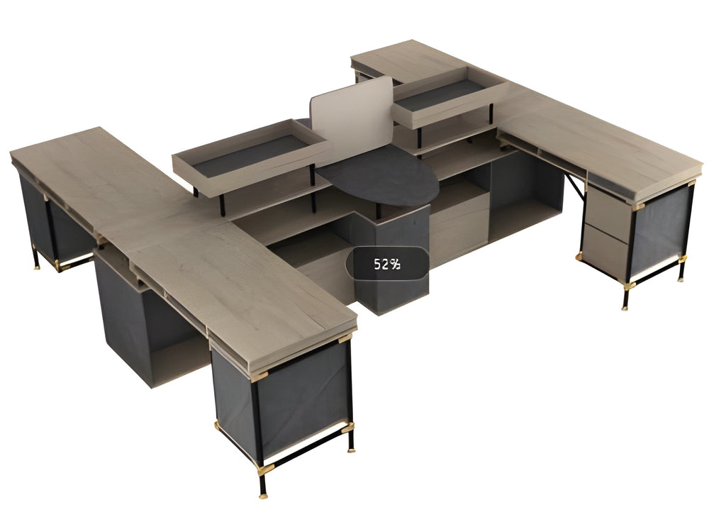 Tobacco Wood 4-person Workstation Desk with Drawer Cabinet and Open File Rack, Beautiful and Stylish Office Desk - JOSE.M.ONNA FURNITURE