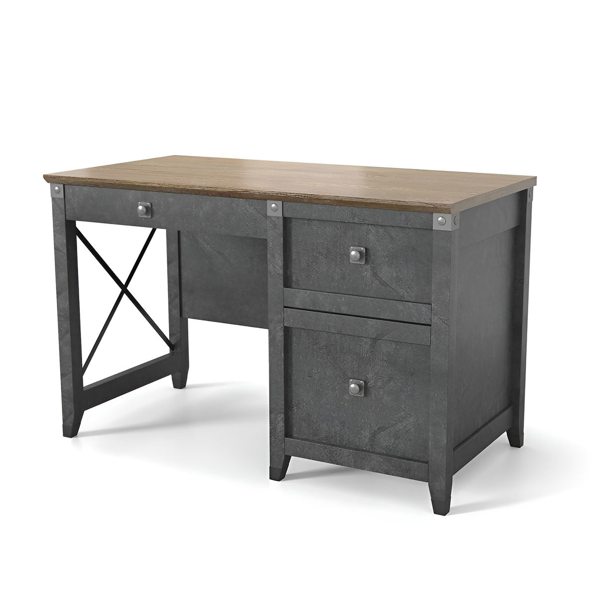 Tobacco Wood Single Workstation Desk with 2 Large Drawers and 1 Small Drawer, Stylish and Elegant 1 Person Office Desk