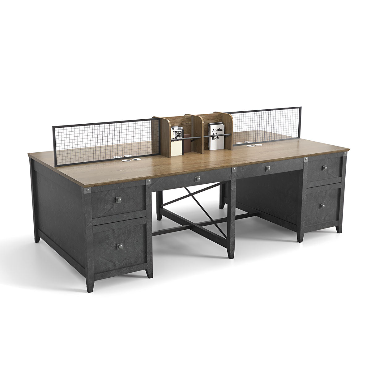 Tobacco wood 4-person workstation desk, with 3 drawers for work files, modern and stylish office desk
