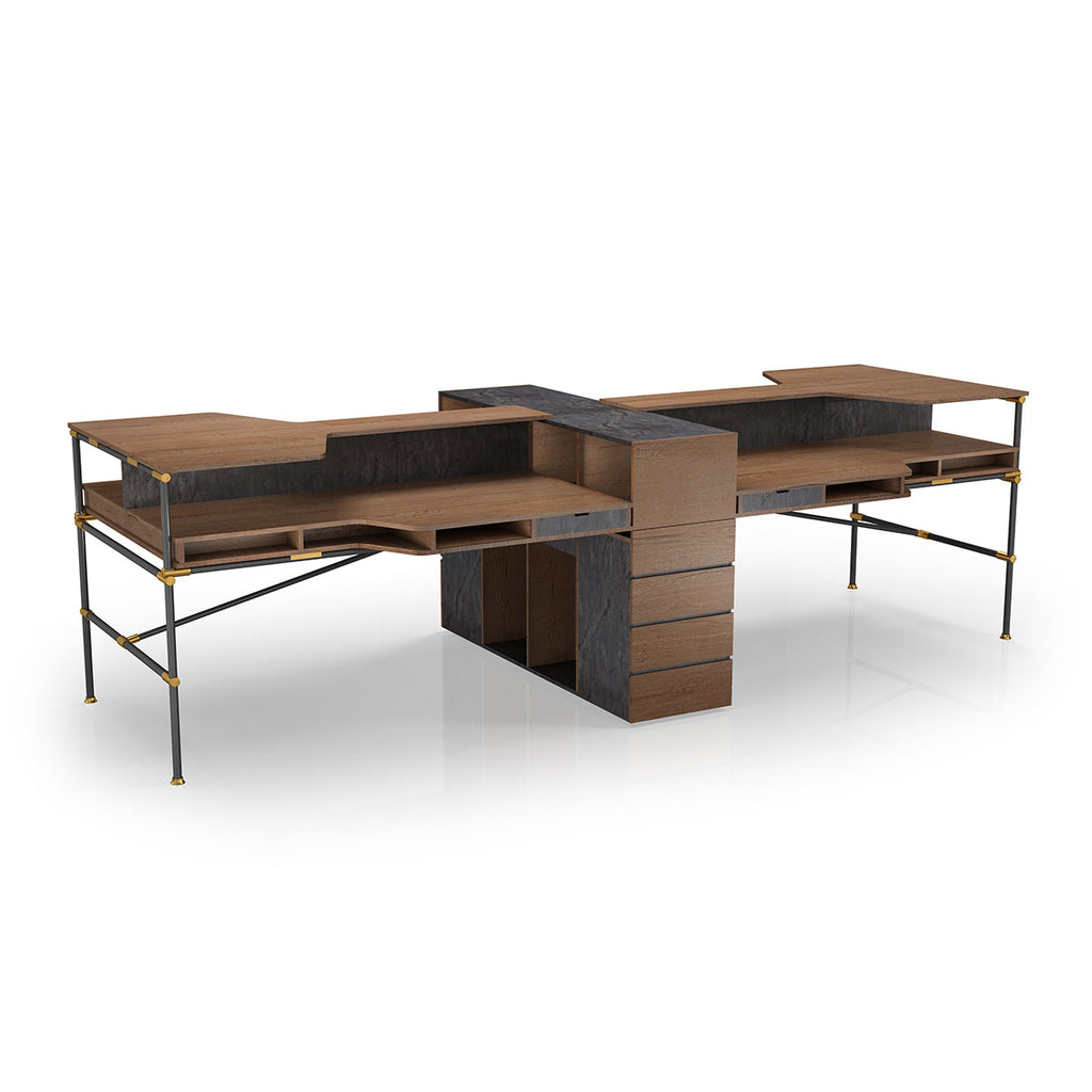 4-person Workstation Desk with Drawer Cabinet, Tobacco Wood Stylish and Elegant Office Desk