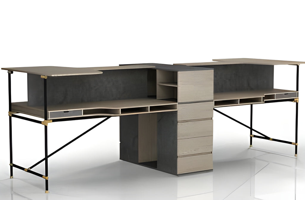 4-person Workstation Desk with Drawer Cabinet, Tobacco Wood Stylish and Elegant Office Desk