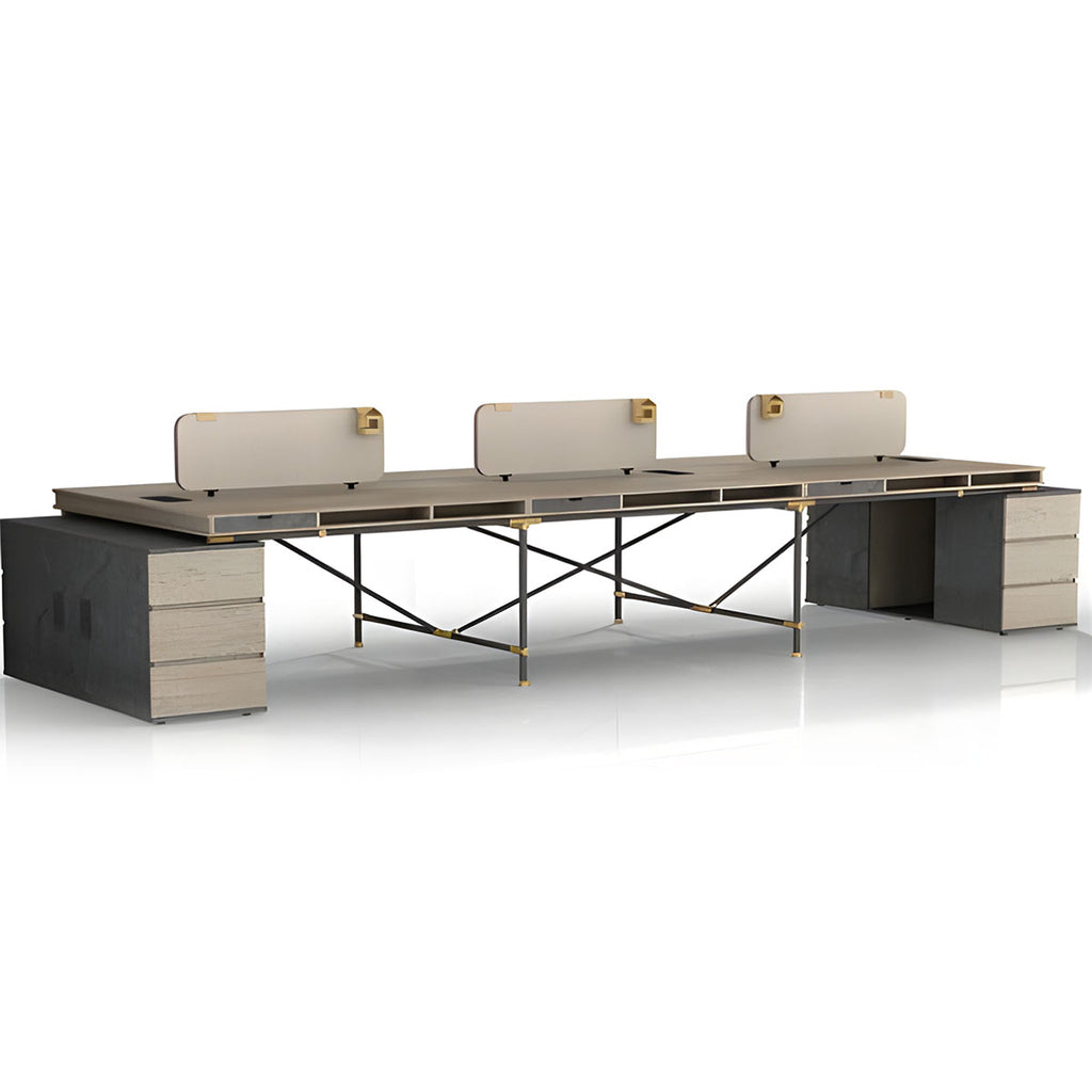 Tobacco Wood Six-person Workstation Desk, 2 removable storage cabinets, stylish and durable Office Desk